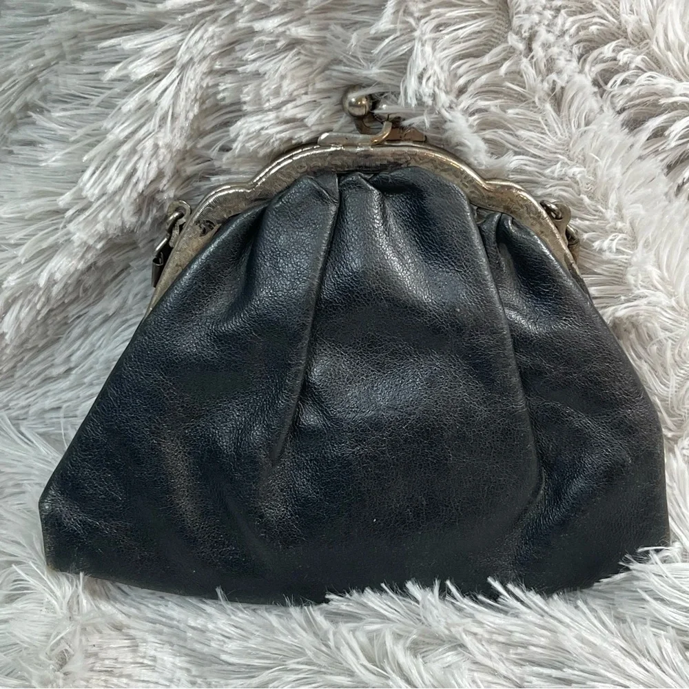 Vintage Black Leather Clutch, Silver Frame With Details, No Strap, Blue Lining